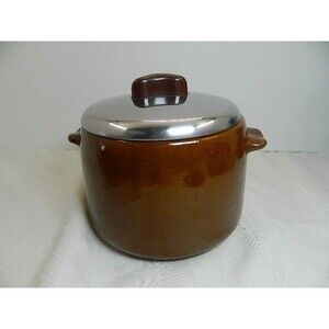 Vintage West Bend Brown Glazed Stoneware Bean Pot with Lid Made in USA  50's-60'